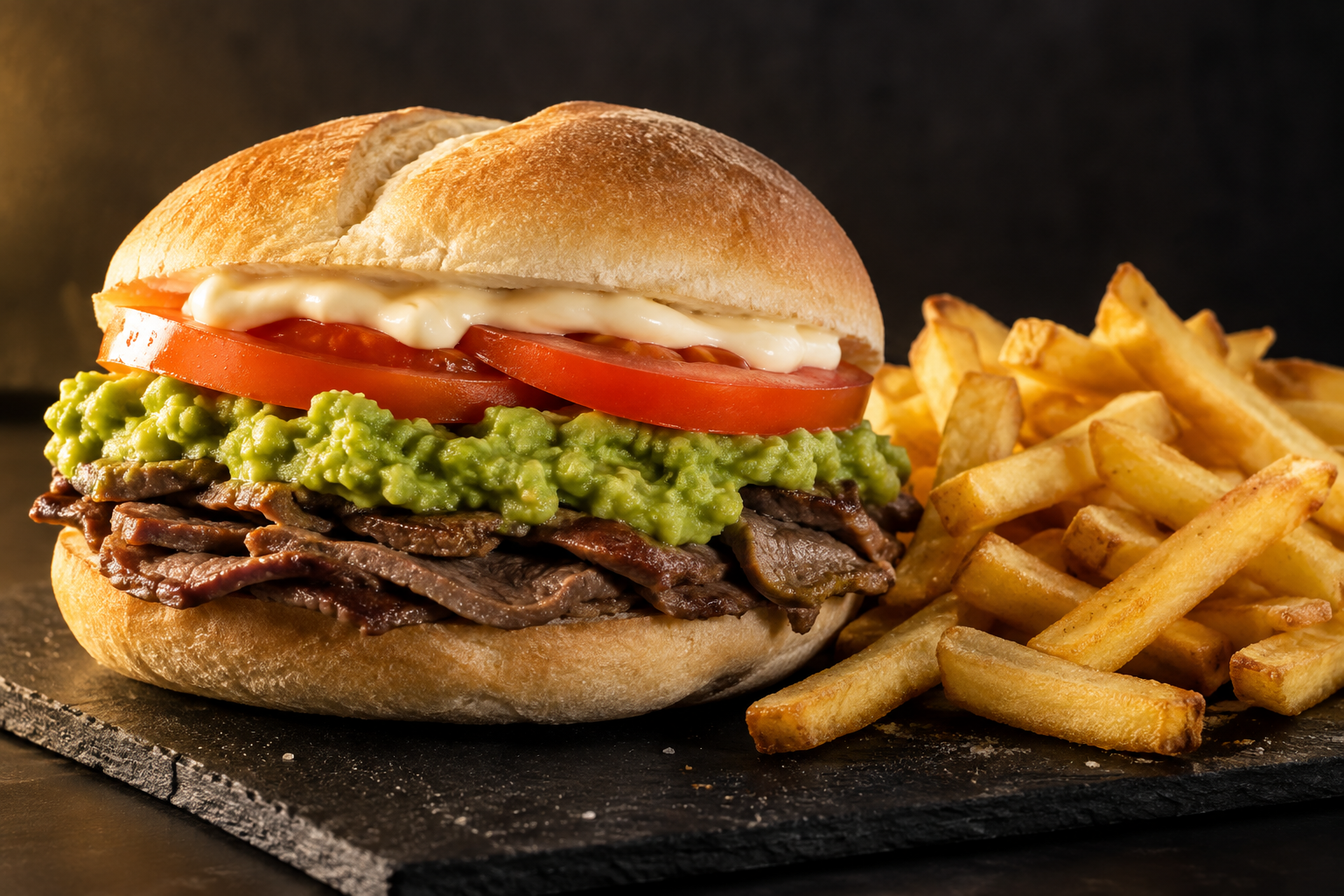 Composición ilustrativa de un churrasco italiano con papas fritas